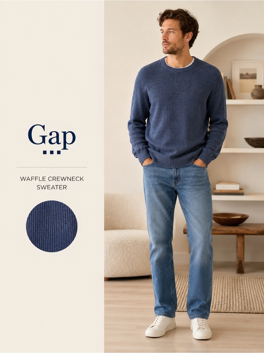 GAP Men's Waffle Crewneck Sweater in Navy Blue